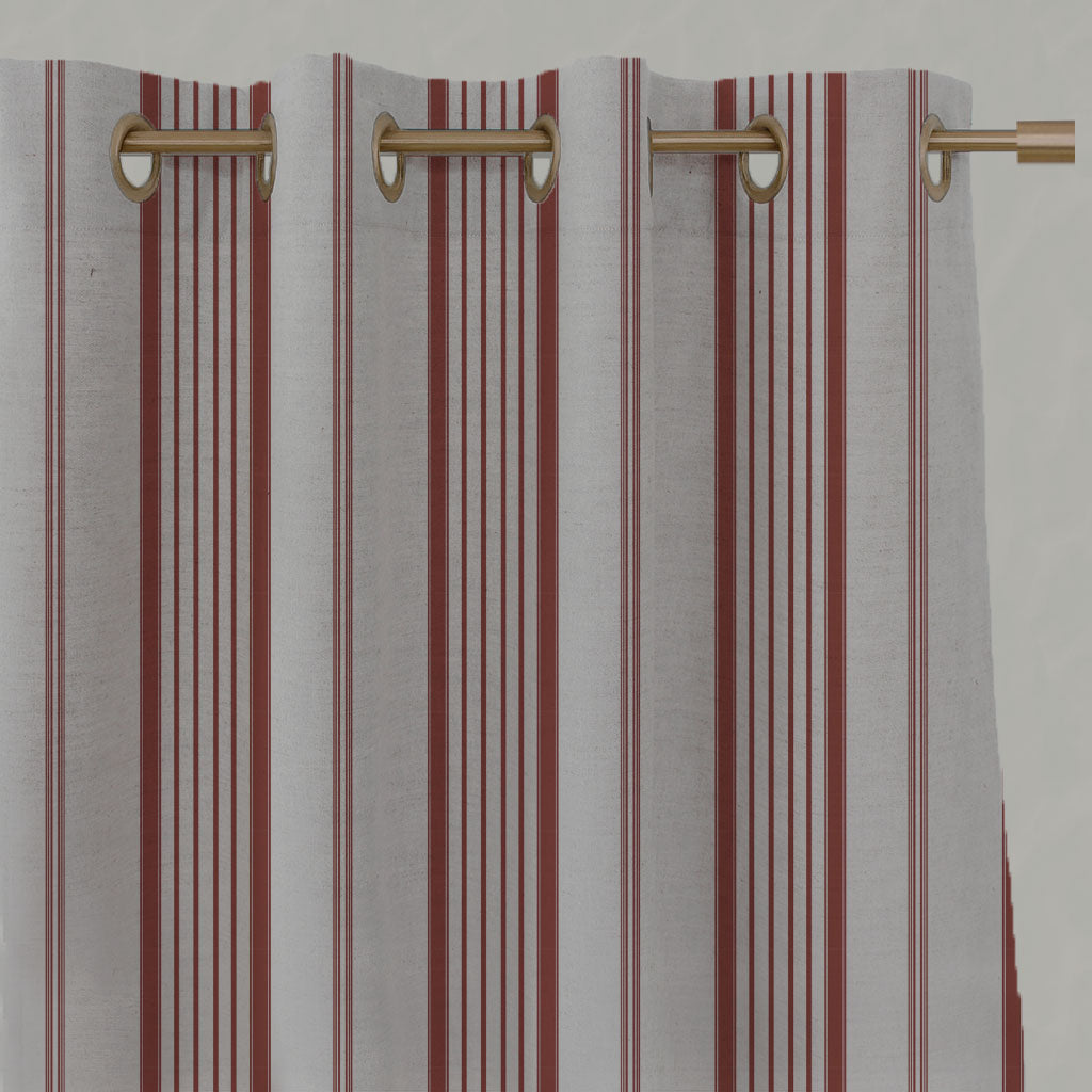 Red Striped Linen Eyelet Curtains - Freja Crimson Red - Natural base fabric.