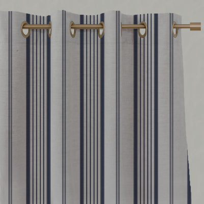 Blue Striped Linen Eyelet Curtains - Freja Deep Blue - Natural base fabric.