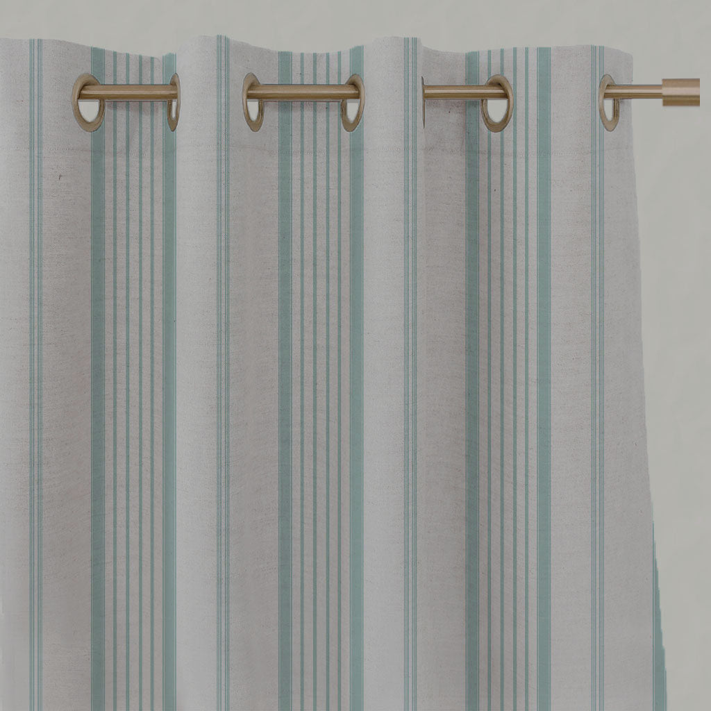 Blue Striped Linen Eyelet Curtains - Freja Duckegg - Natural base fabric.