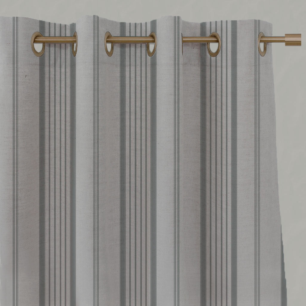 Grey Striped Linen Eyelet Curtains - Freja Greige - Natural base fabric.