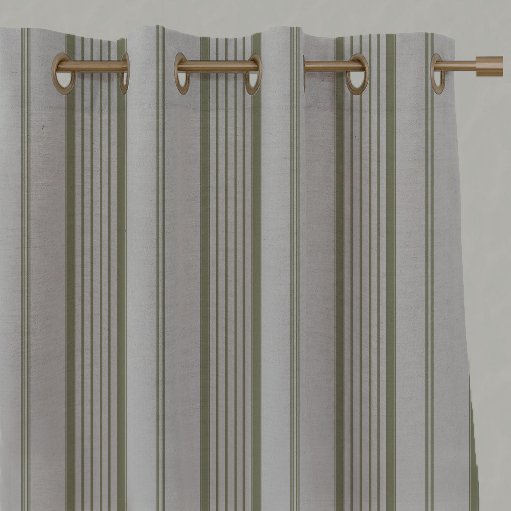 Green Striped Linen Eyelet Curtains - Freja Olive - Natural base fabric.
