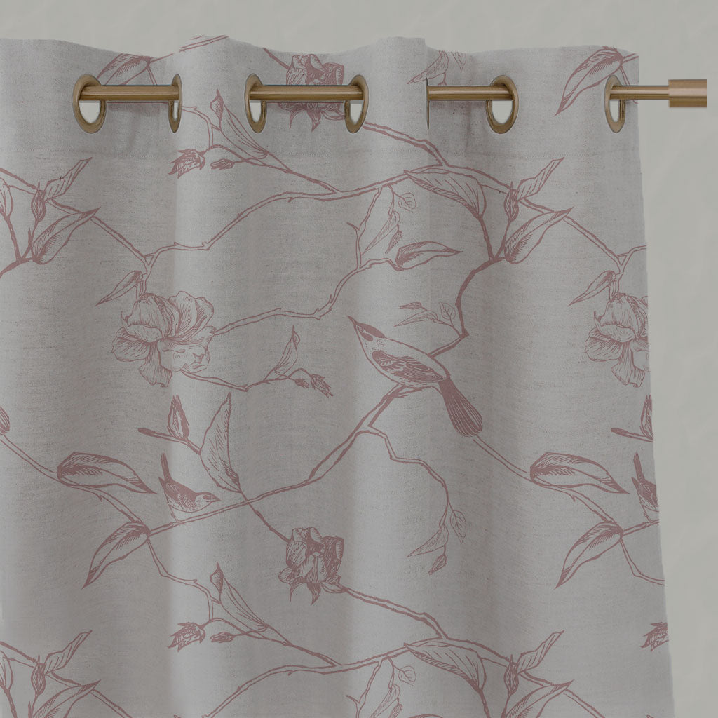 Pink Floral Linen Eyelet Curtains - Gardenia Dusty Pink - Natural base fabric.