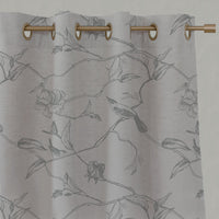Grey Floral Linen Eyelet Curtains - Gardenia Greige - Natural base fabric.