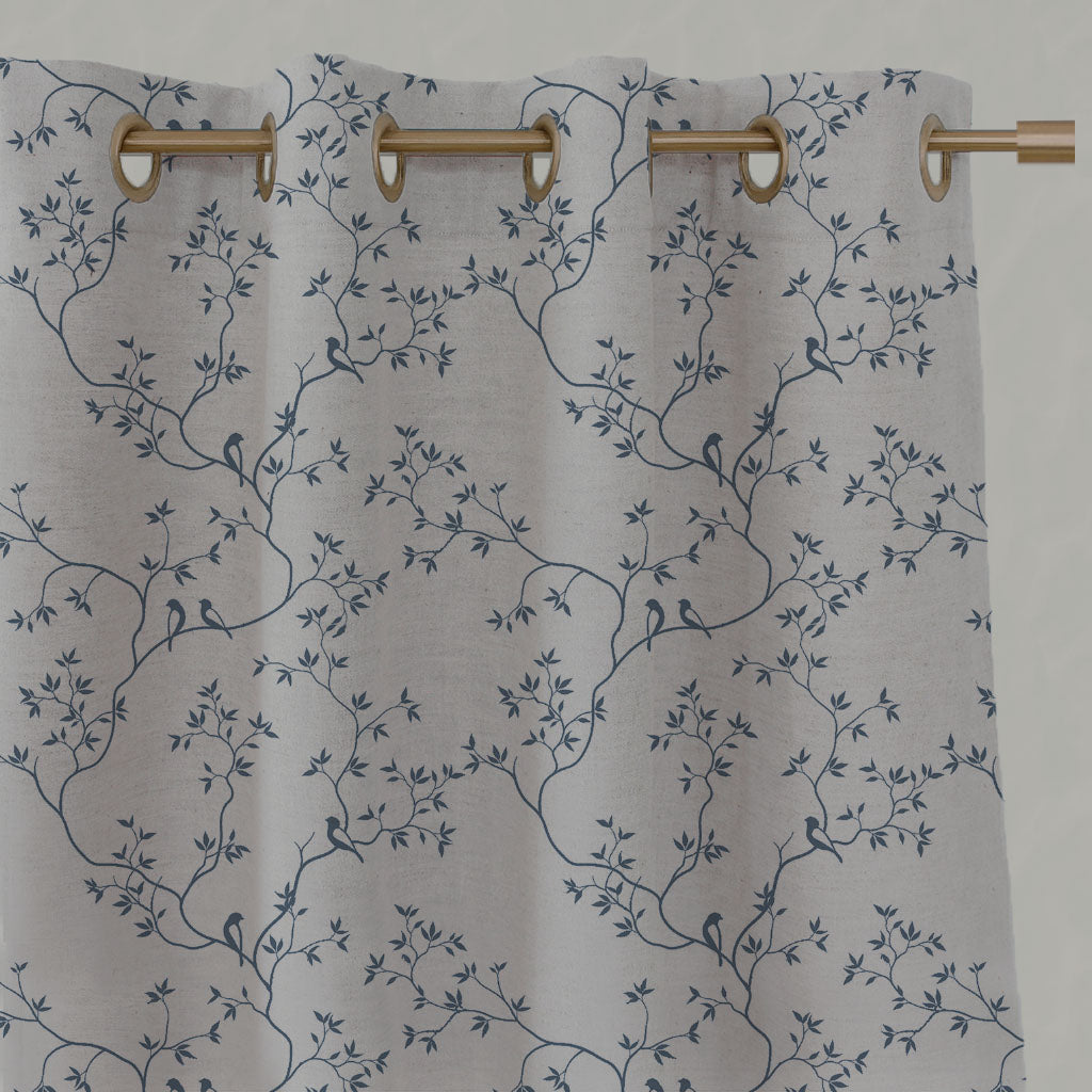 Blue Botanical Linen Eyelet Curtains - Goldfinch Denim - Natural base fabric.
