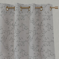 Grey Botanical Linen Eyelet Curtains - Goldfinch Greige - Natural base fabric.