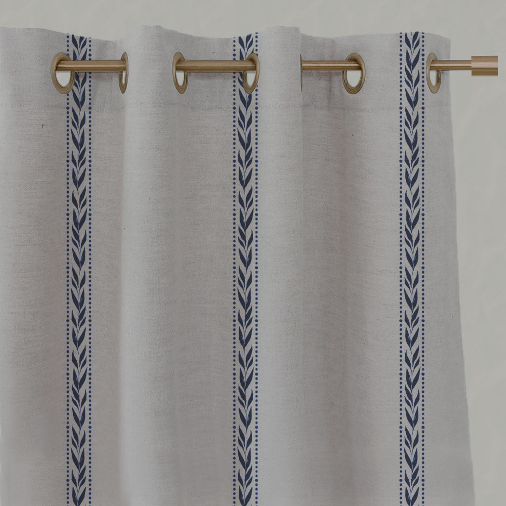 Blue Botanical Linen Eyelet Curtains - Helena-NAT Deep Blue - Natural base fabric.