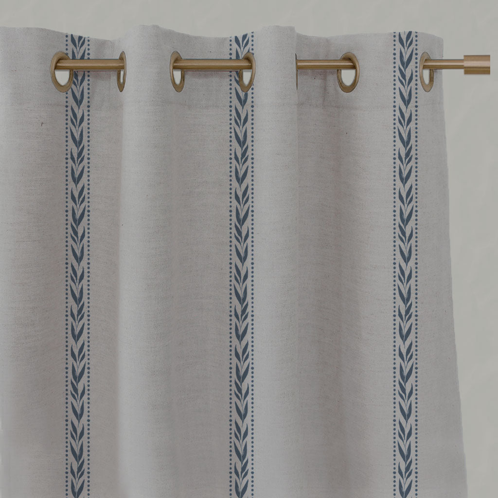 Blue Botanical Linen Eyelet Curtains - Helena-NAT Denim - Natural base fabric.