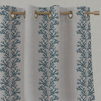 Blue Patterned Linen Eyelet Curtains - Hensley Blue Stone - Natural base fabric.