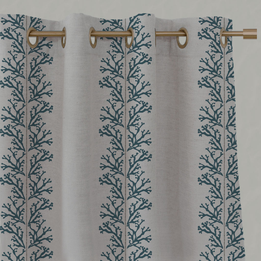 Blue Patterned Linen Eyelet Curtains - Hensley Blue Stone - Natural base fabric.