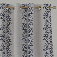 Blue Patterned Linen Eyelet Curtains - Hensley Deep Blue - Natural base fabric.