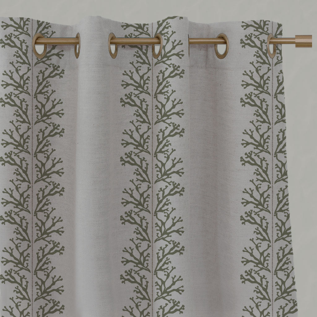 Green Patterned Linen Eyelet Curtains - Hensley Moss - Natural base fabric.