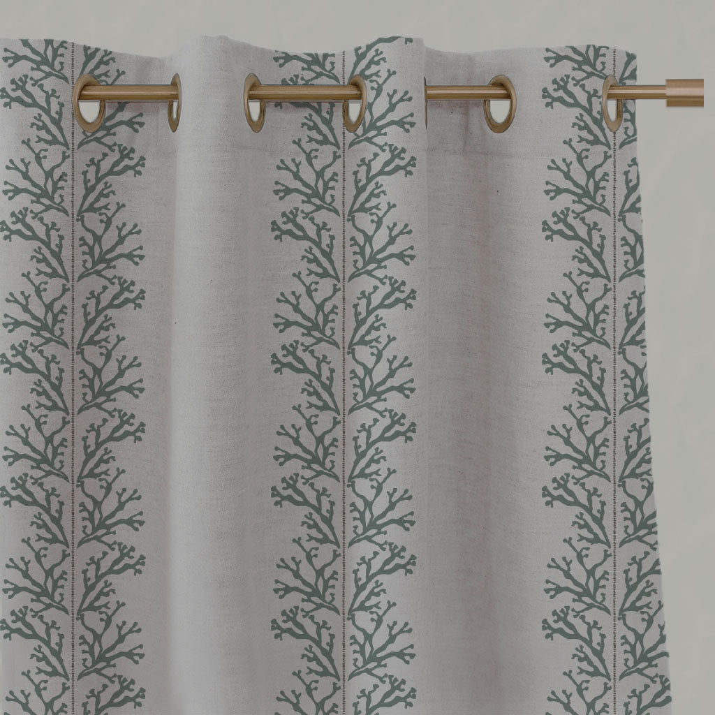 Green Patterned Linen Eyelet Curtains - Hensley Sage - Natural base fabric.