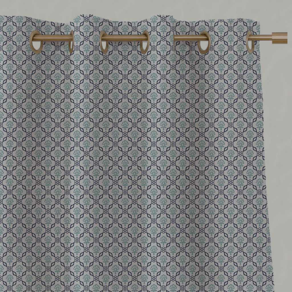 Blue Floral Linen Eyelet Curtains - Hilla Blues - Natural base fabric.