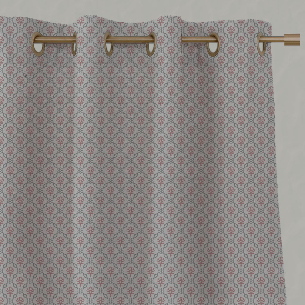 Pink Floral Linen Eyelet Curtains - Hilla Pink Greige - Natural base fabric.