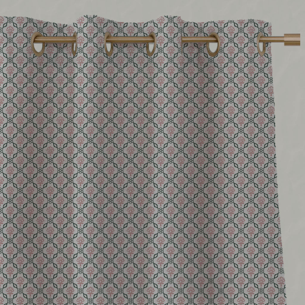Pink Floral Linen Eyelet Curtains - Hilla Pink Pine - Natural base fabric.