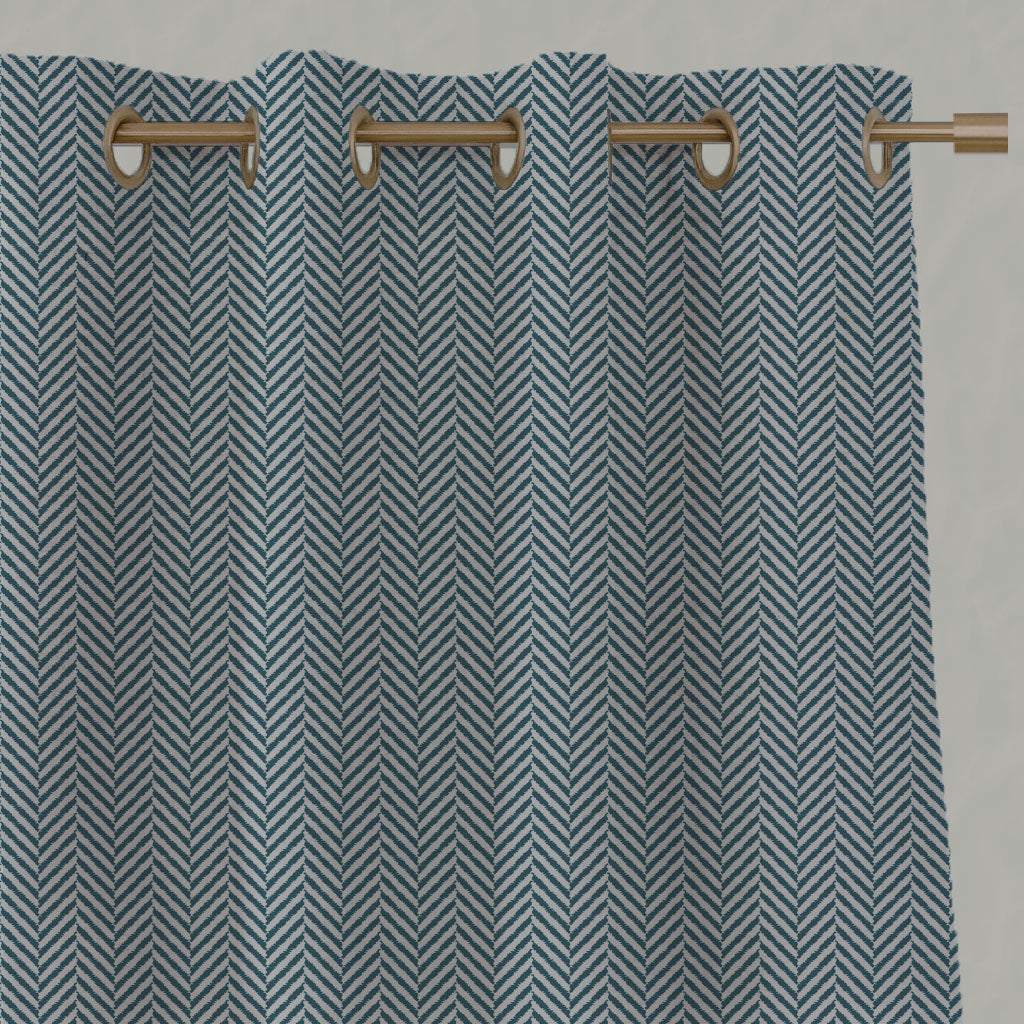 Blue Patterned Linen Eyelet Curtains - Hugo Blue Stone - Natural base fabric.