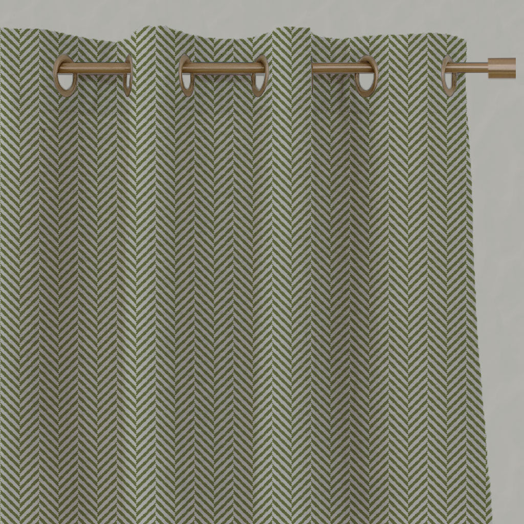 Green Patterned Linen Eyelet Curtains - Hugo Leaf - Natural base fabric.