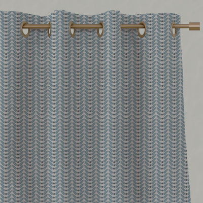 Blue Patterned Linen Eyelet Curtains - Hulda Sky - Natural base fabric.
