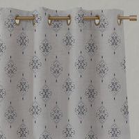 Blue Patterned Linen Eyelet Curtains - Iiris Deep Blue - Natural base fabric.