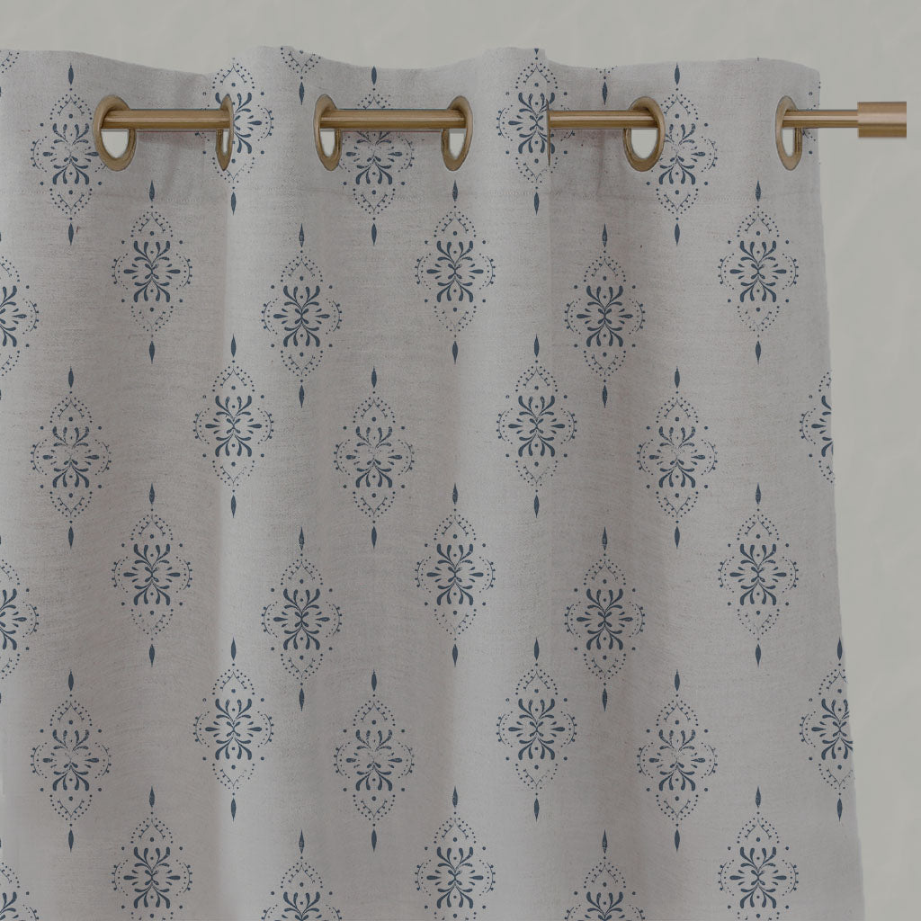 Blue Patterned Linen Eyelet Curtains - Iiris Denim - Natural base fabric.