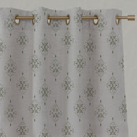 Green Patterned Linen Eyelet Curtains - Iiris Khaki - Natural base fabric.