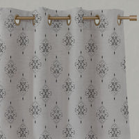 Black Patterned Linen Eyelet Curtains - Iiris Noir - Natural base fabric.