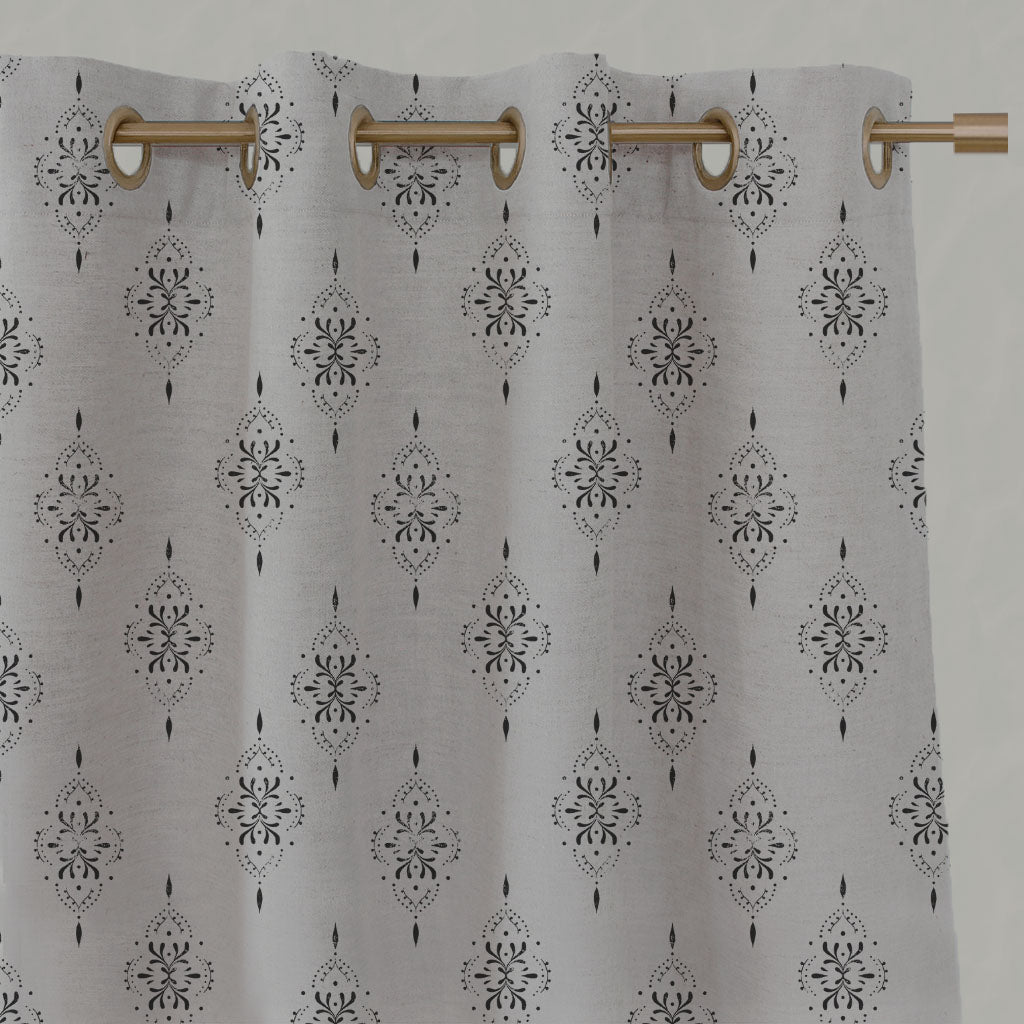 Black Patterned Linen Eyelet Curtains - Iiris Noir - Natural base fabric.