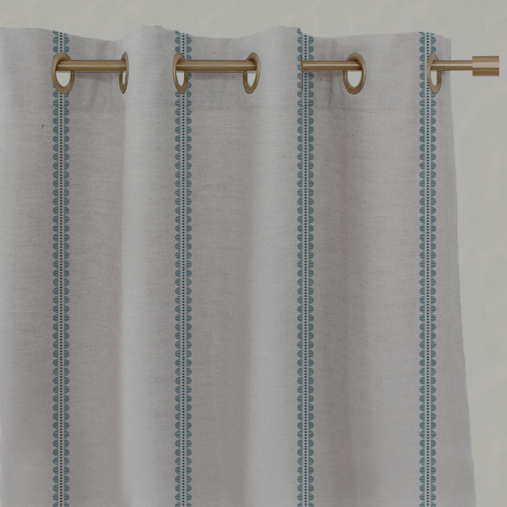 Blue Striped Linen Eyelet Curtains - Imogen Blue Stone-NAT - Natural base fabric.