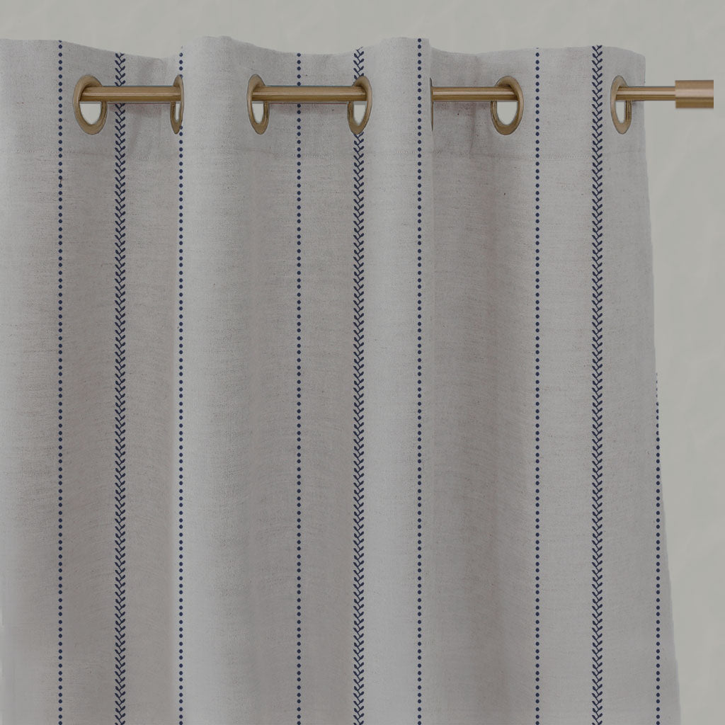 Blue Striped Linen Eyelet Curtains - Inari Deep Blue  - Natural base fabric.
