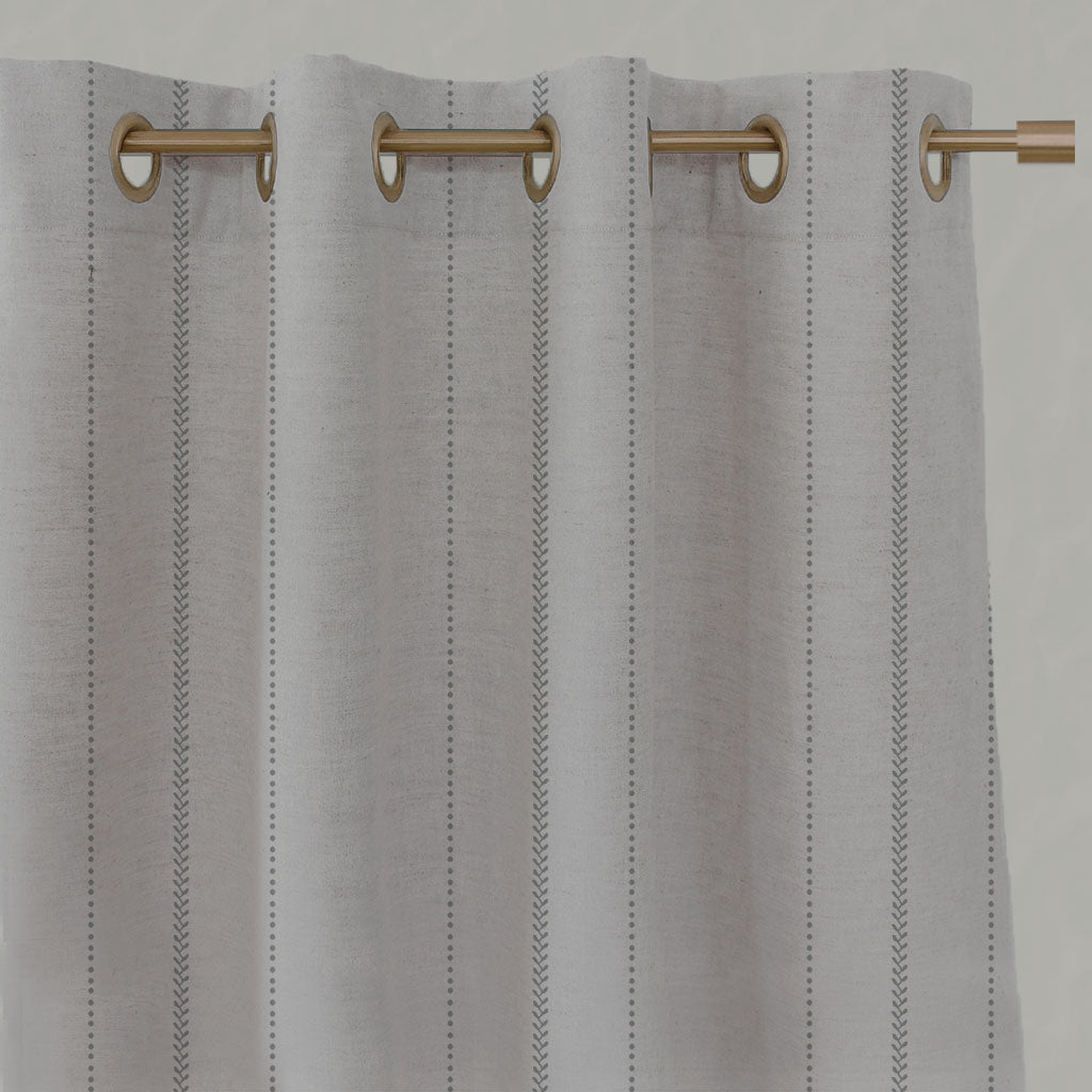 Grey Striped Linen Eyelet Curtains - Inari Greige - Natural base fabric.
