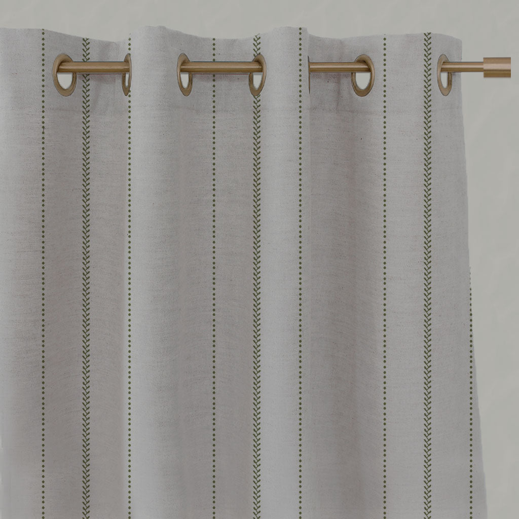 Green Striped Linen Eyelet Curtains - Inari Khaki - Natural base fabric.