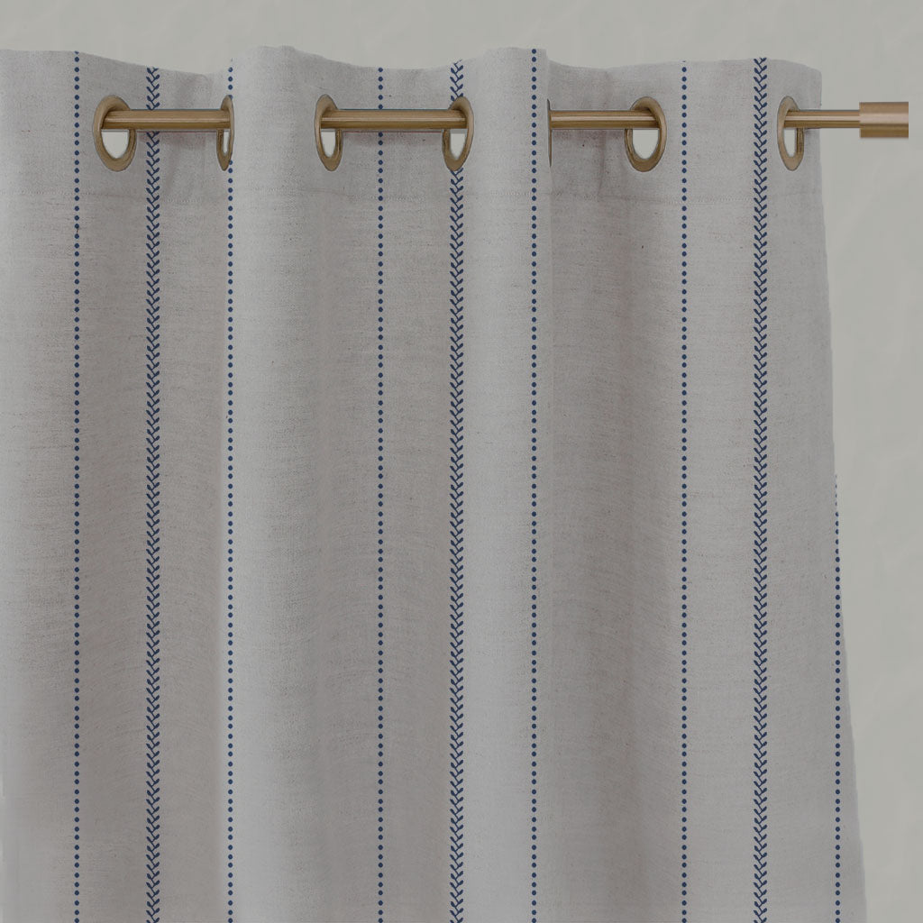 Blue Striped Linen Eyelet Curtains - Inari Night Blue - Natural base fabric.