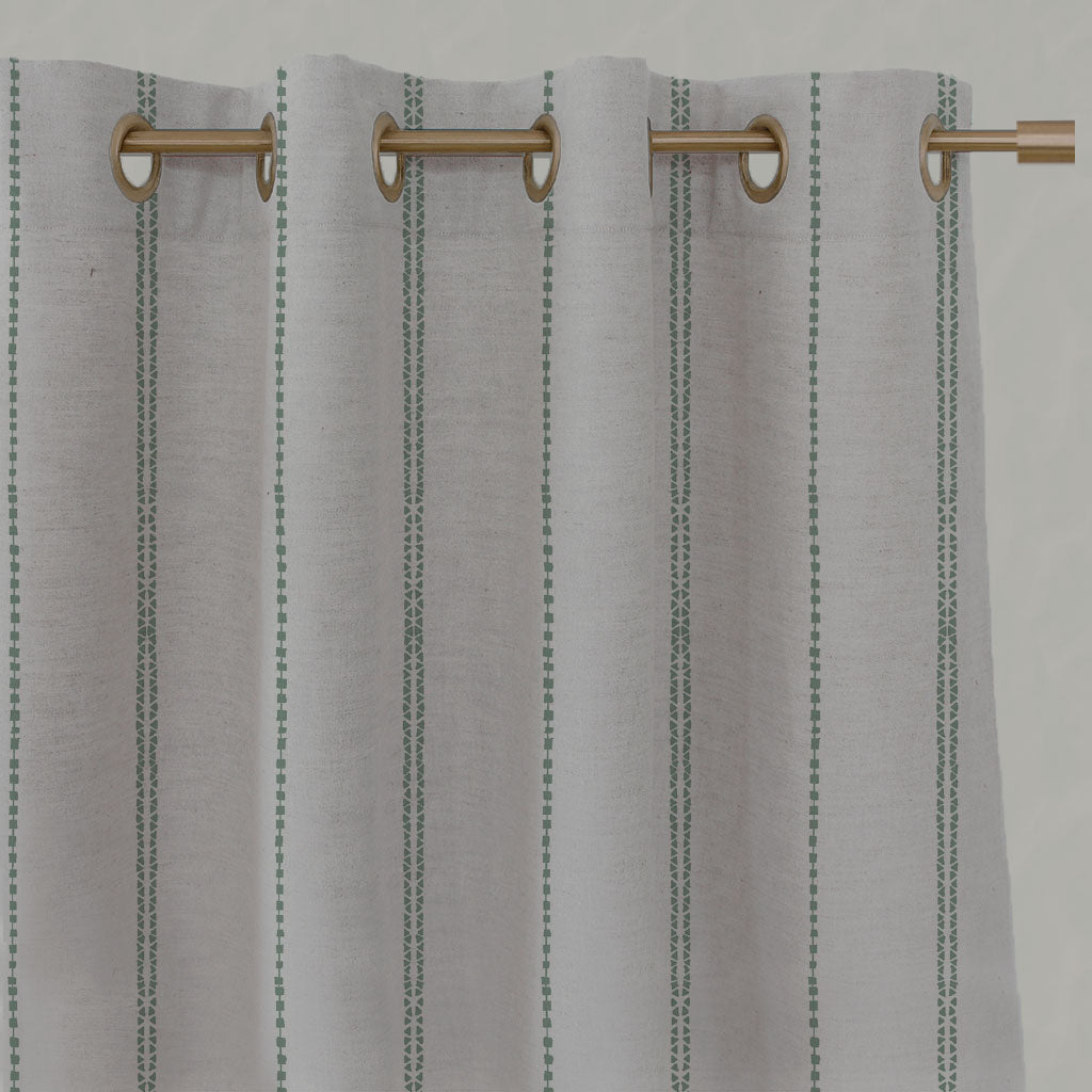 Green Striped Linen Eyelet Curtains - Inga-NAT Jade Mist - Natural base fabric.
