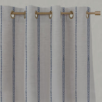 Blue Striped Linen Eyelet Curtains - Inga-NAT Night Blue - Natural base fabric.
