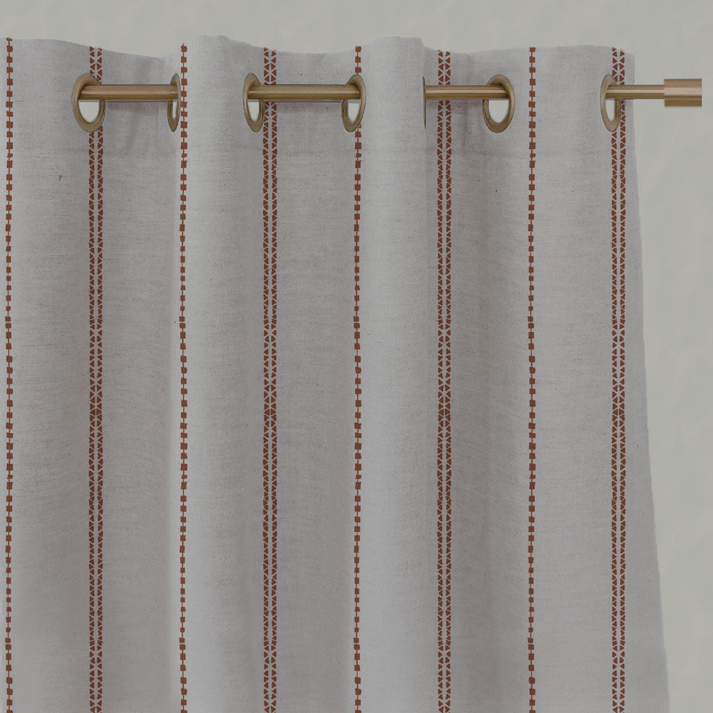 Red / Orange Striped Linen Eyelet Curtains - Inga-NAT Terracotta - Natural base fabric.
