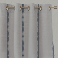 Blue Patterned Linen Eyelet Curtains - Irina Denim - Natural base fabric.