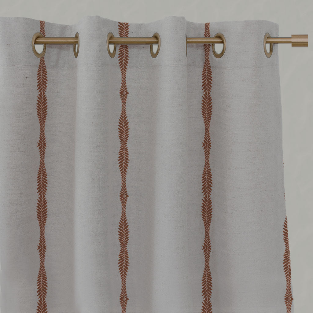 Red / Orange Patterned Linen Eyelet Curtains - Irina Terracotta - Natural base fabric.