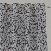 Blue Floral Linen Eyelet Curtains - Jasmi Deep Blue - Natural base fabric.