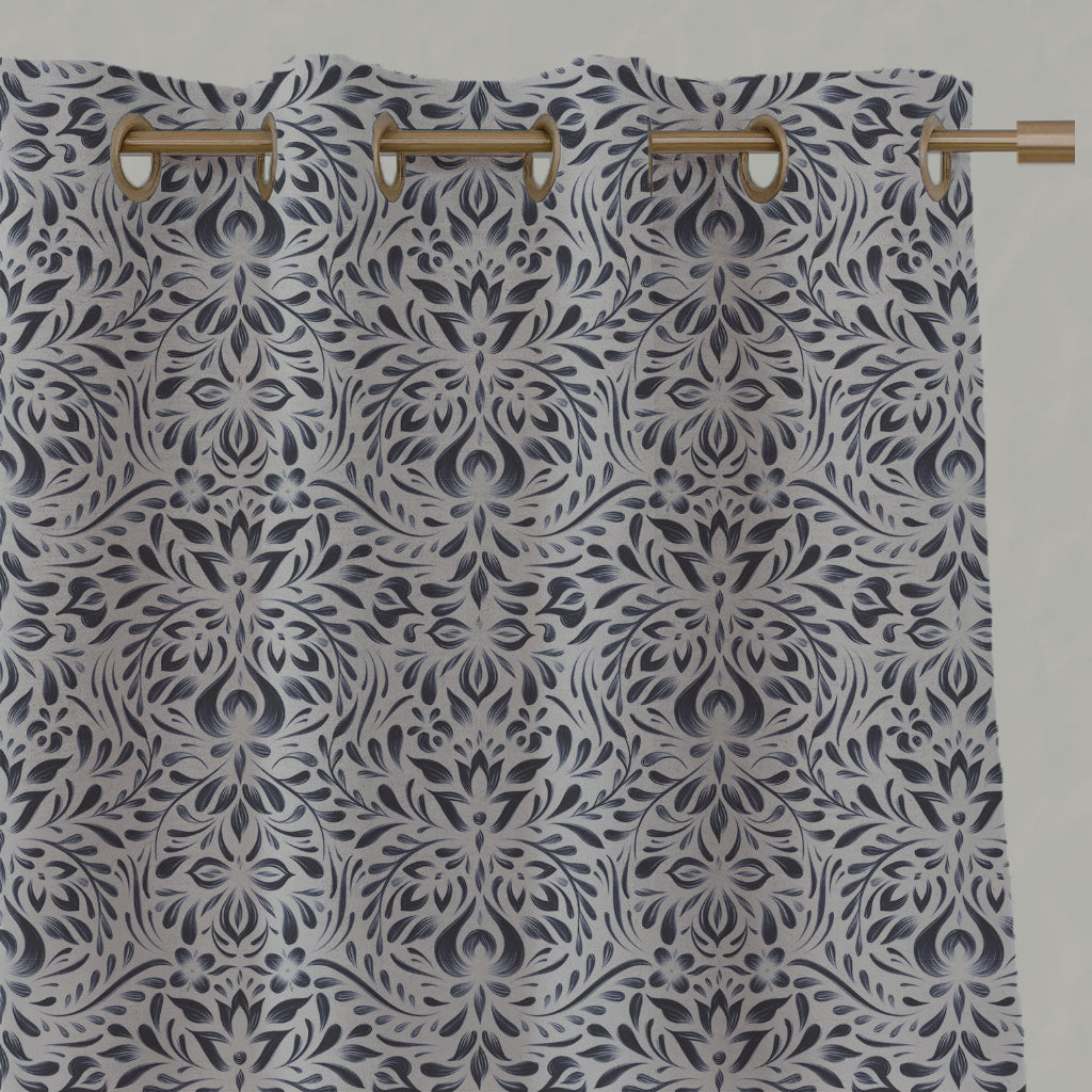 Blue Floral Linen Eyelet Curtains - Jasmi Deep Blue - Natural base fabric.