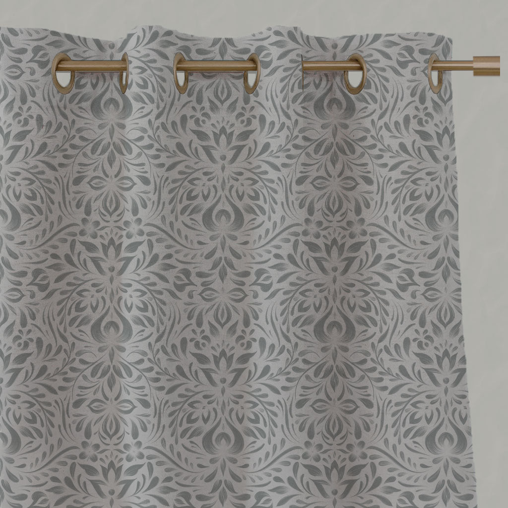 Grey Floral Linen Eyelet Curtains - Jasmi Greige - Natural base fabric.