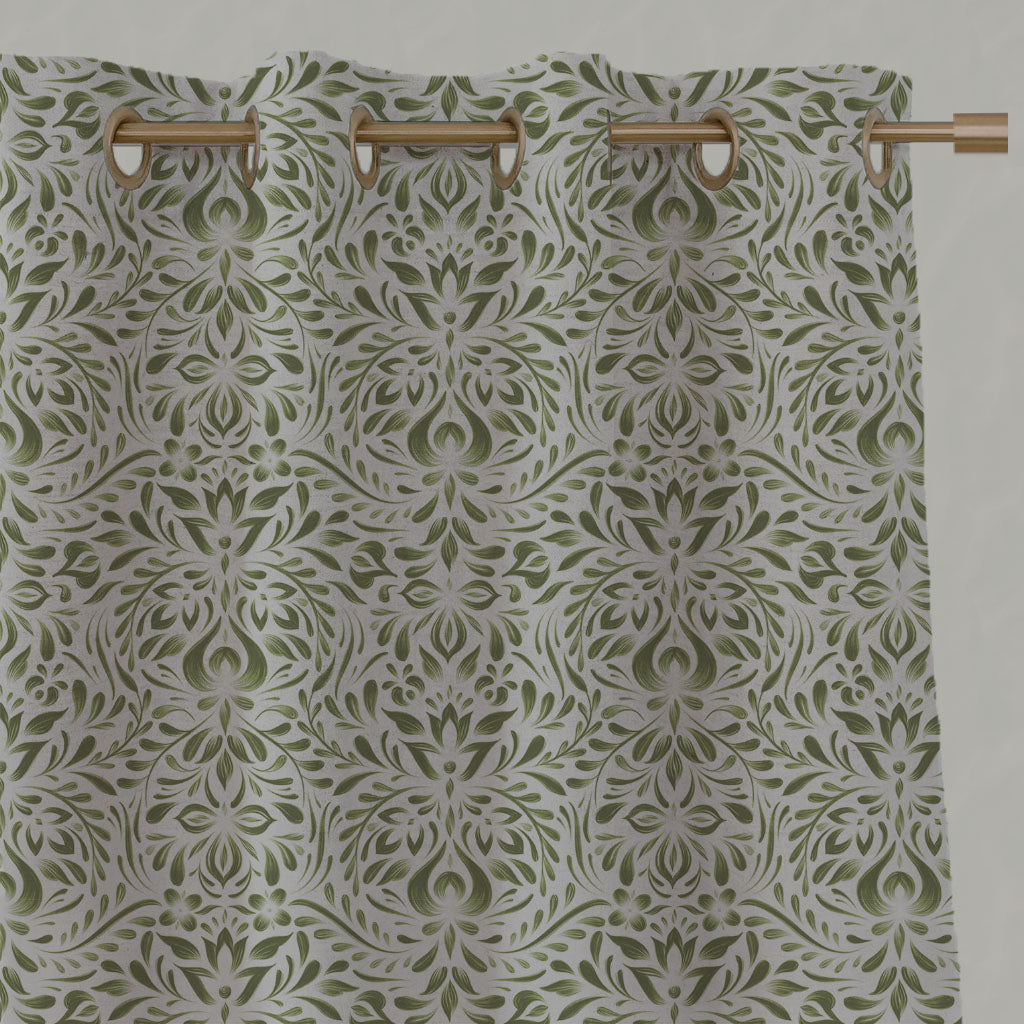 Green Floral Linen Eyelet Curtains - Jasmi Khaki - Natural base fabric.