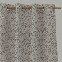 Brown Floral Linen Eyelet Curtains - Jasmi Sand - Natural base fabric.