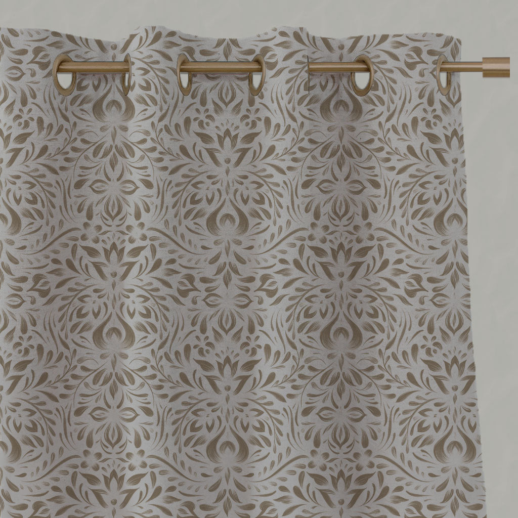 Brown Floral Linen Eyelet Curtains - Jasmi Sand - Natural base fabric.
