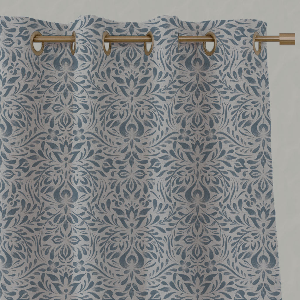 Blue Floral Linen Eyelet Curtains - Jasmi True Blue - Natural base fabric.