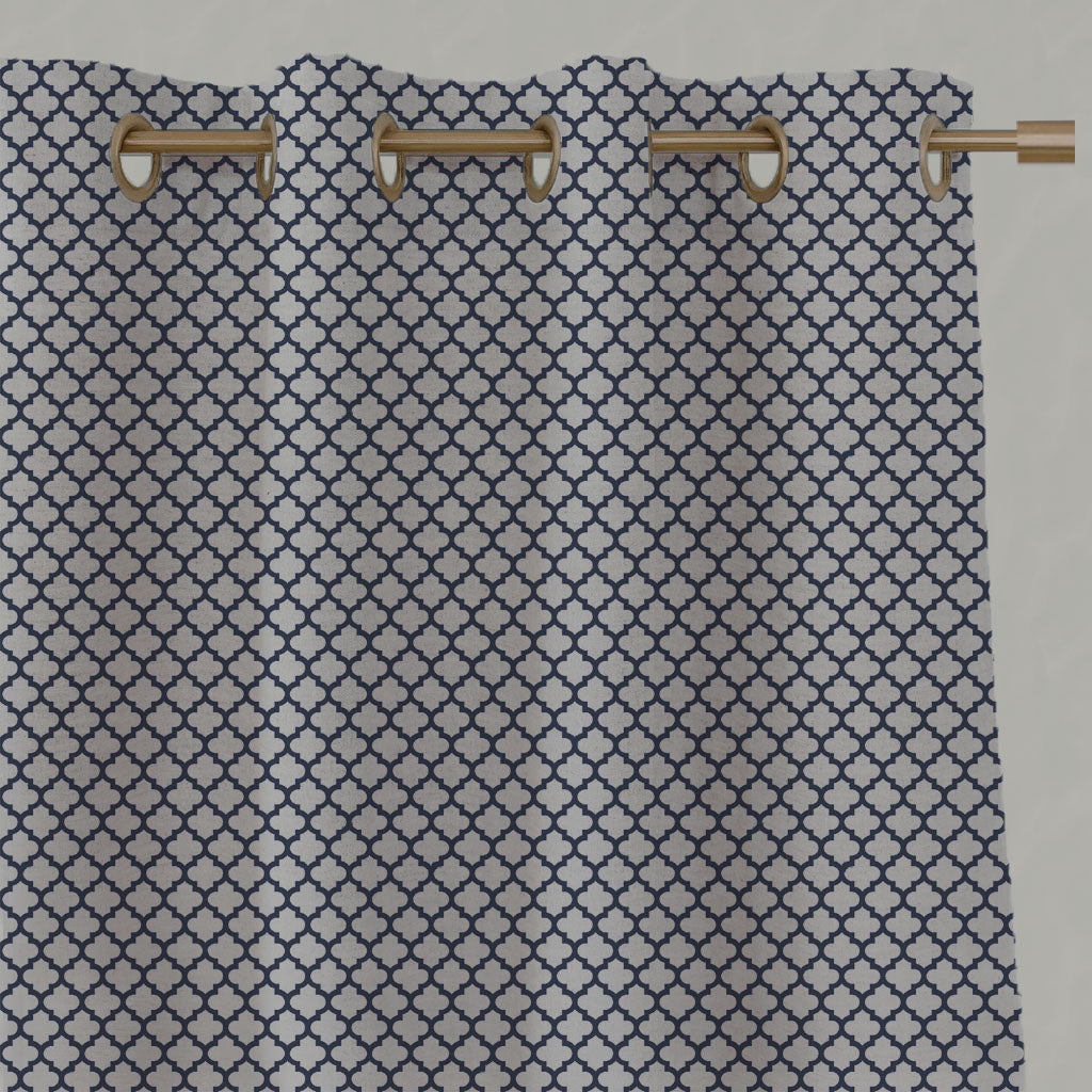 Blue Patterned Linen Eyelet Curtains - Jonna Deep Blue - Natural base fabric.