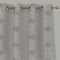 Green Patterned Linen Eyelet Curtains - Kaisley Khaki - Natural base fabric.