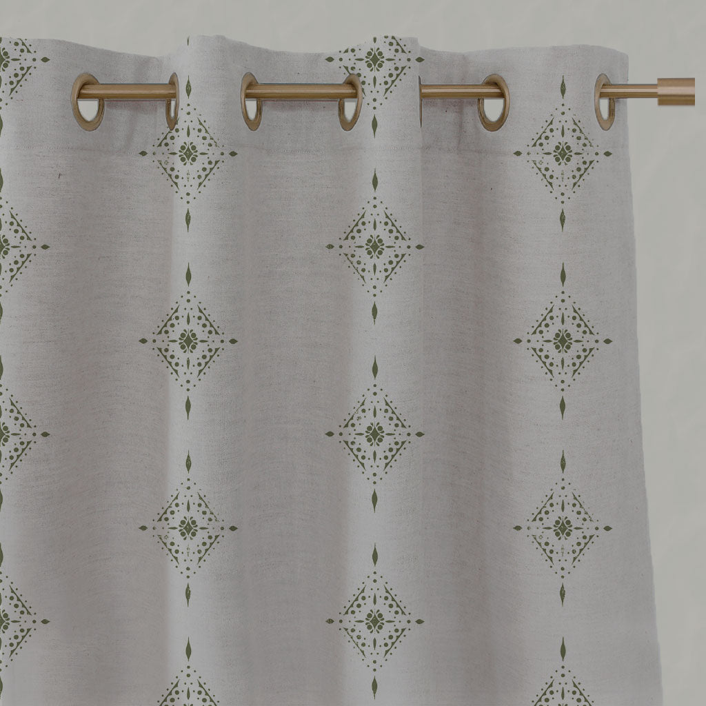 Green Patterned Linen Eyelet Curtains - Kaisley Khaki - Natural base fabric.