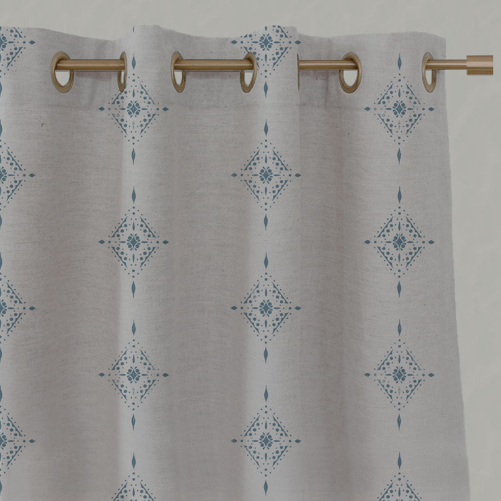 Blue Patterned Linen Eyelet Curtains - Kaisley True Blue - Natural base fabric.