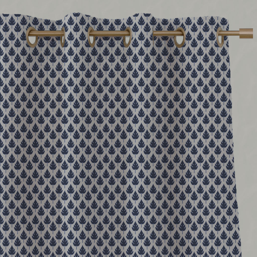 Blue Botanical Linen Eyelet Curtains - Kira-Nat Deep Blue - Natural base fabric.
