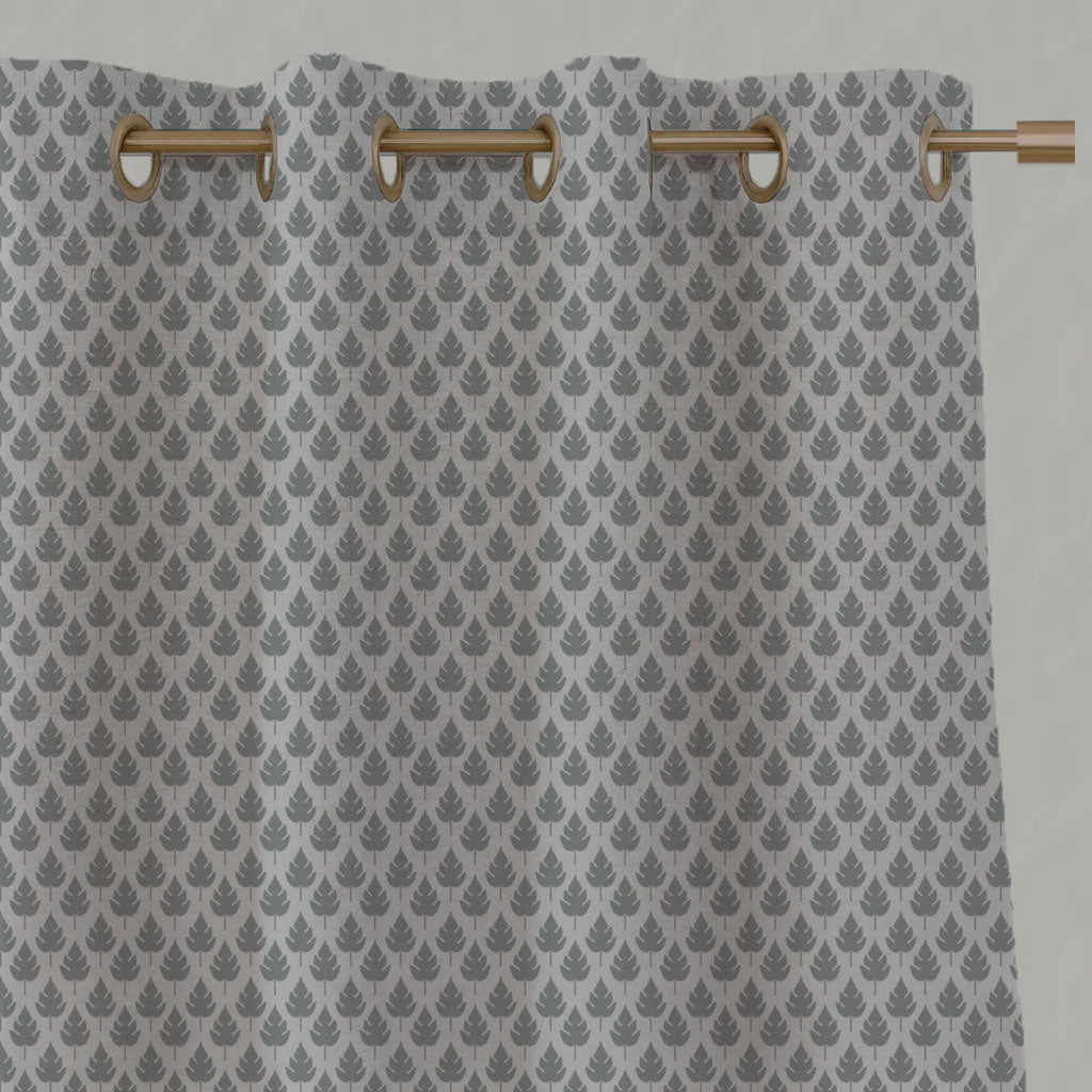 Grey Botanical Linen Eyelet Curtains - Kira-Nat Greige - Natural base fabric.